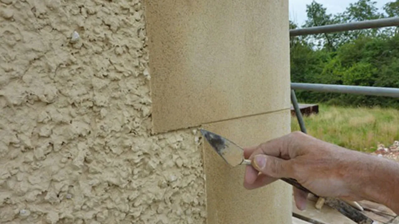 Plasterer applying sandstone coloured render to an external wall in Dorking, Surrey